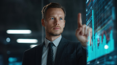 A professional businessman engages with data trends displayed on a digital screen, showcasing his focus and analytical skills in a modern office environment.の素材