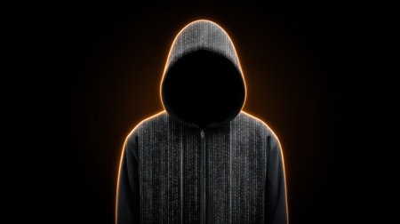 A dark figure in a glowing hoodie stands against a black background. This image conveys themes of secrecy, technology, and modern anonymity in a visually striking manner.の素材