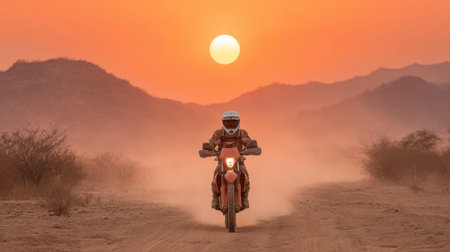 A daring motorcycle rider navigates through a dusty desert landscape at sunset, capturing a moment of adventure and exploration under a stunning orange sky.の素材
