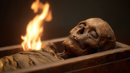 A striking image of an ancient mummy laid to rest in a wooden sarcophagus, engulfed by flames, capturing the essence of mortality and cultural practices.の素材