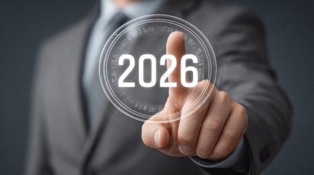 A businessman in a suit uses a touchscreen to point at the year 2026, representing a forward-looking approach to business innovation and future opportunities.の素材