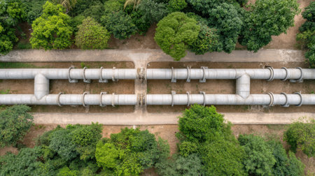 This aerial image captures large industrial pipes traversing a lush green landscape, highlighting the intersection of nature and technology in modern infrastructure.の素材