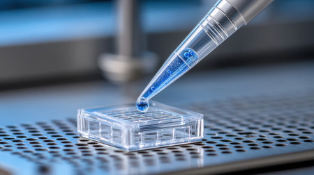 A precision pipette is dispensing a vibrant blue liquid drop into a clear microplate, capturing the essence of meticulous scientific research in a modern laboratory setting.の素材