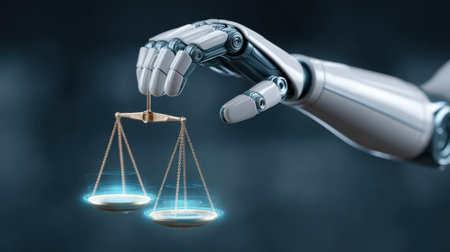 A sleek robotic hand gracefully holds balanced scales, representing the intersection of law and advanced technology. This image illustrates modern ethics in justice.の素材