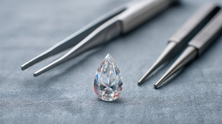 A stunning tear-drop shaped gemstone sits prominently on a soft fabric surface, accompanied by precision tweezers, showcasing the intricate beauty and craftsmanship.の素材