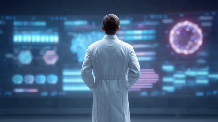 A medical professional in a white coat stands in awe of an advanced digital interface filled with health data, showcasing the intersection of technology and science in research.の素材