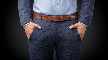 A stylish man stands confidently with his hands in the pockets of his trousers, showcasing a smart casual outfit perfect for modern professional settings.の素材