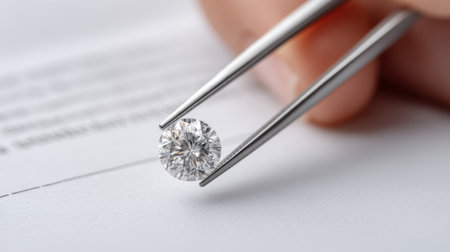 A beautifully captured close-up of a hand delicately holding a sparkling diamond with tweezers, showcasing its clarity and brilliance against a soft document background.の素材