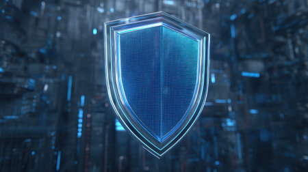 This image features a stunning blue shield with glowing edges in a high-tech digital environment, symbolizing security and protection in a futuristic context.の素材