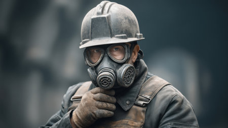 A focused worker in protective gear and gas mask stands in an industrial setting. His serious expression highlights the importance of safety and health measures in the workplace.の素材