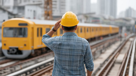 A construction worker wearing a hard hat salutes a passing train on a busy railway platform, highlighting urban life and transportation dynamics in a modern city.の素材