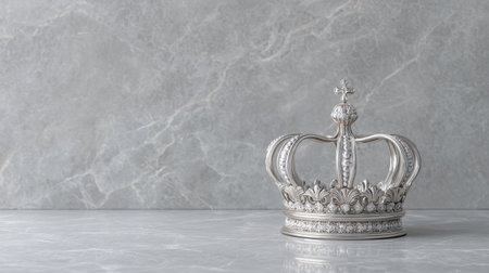 This exquisite silver crown decorates a marble surface, highlighting detailed craftsmanship ideal for themes of royalty, elegance, and luxury celebrations.の素材