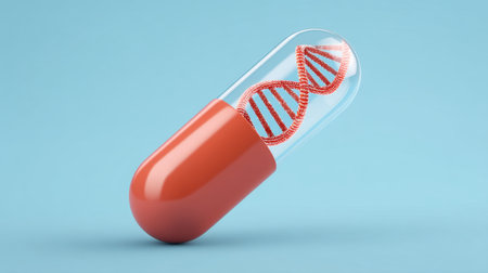 A vibrant capsule containing a DNA helix symbolizes advancements in genetic research and biotechnology. An ideal image for medical and scientific projects focused on health.の素材