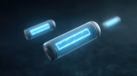 Explore the concept of advanced batteries with this captivating image, featuring floating glowing batteries that symbolize future energy solutions and technology.の素材