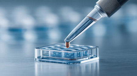 A close-up view of a pipette transferring a drop of liquid onto a microplate in a laboratory, illustrating precision and advanced techniques in scientific research.の素材