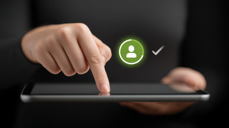 User interacts with a tablet screen, touching the interface to confirm actions, symbolizing the integration of technology and modern communication in daily life.の素材