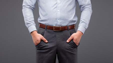 This image showcases a man in business casual attire with a relaxed pose, hands in pockets, ideal for representing modern professional settings and style choices.の素材