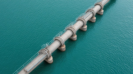 This image showcases a concrete pipeline stretching over calm blue waters, highlighting the intersection of industrial infrastructure and natural elements in water management.の素材