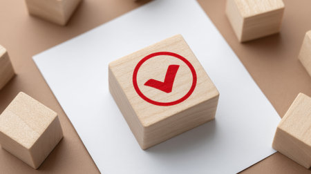 A wooden block featuring a red check mark symbol is positioned on a white sheet of paper, surrounded by unmarked wooden cubes, symbolizing success and decision-making.の素材