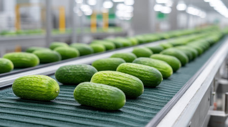 Fresh cucumbers move along a conveyor belt in a modern production line, highlighting efficiency and quality in the agricultural supply chain for grocery stores.の素材