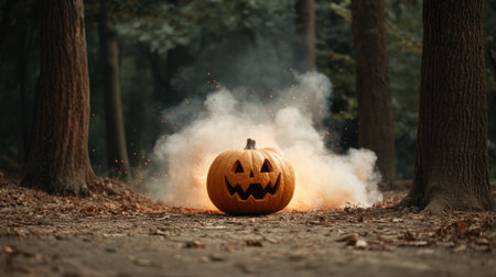 A striking jack-o'-lantern stands proudly in a foggy forest, with a mischievous grin, embodying the spooky spirit of Halloween and autumn festivities. Perfect for seasonal themes.の素材