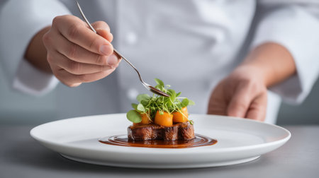A professional chef artfully plates a gourmet dish in a modern kitchen, showcasing fresh ingredients and intricate presentation. Perfect for culinary enthusiasts.の素材
