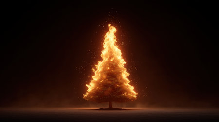 A striking Christmas tree engulfed in flames creates a mesmerizing visual in a dark setting, embodying the warmth and spirit of holiday celebrations beautifully.の素材
