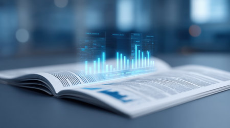 A visually engaging scene of an open magazine on a table featuring impressive digital graphs. This image represents modern data analytics and business insights.の素材