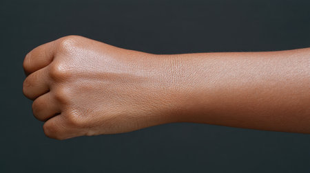A close-up image showing a fist raised by a person with dark skin tone against a solid dark background, symbolizing strength, determination, and empowerment.の素材