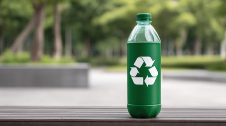 A vibrant green plastic bottle featuring a recycling logo sits on a wooden table in a tranquil park. This image represents eco-friendly practices and sustainability.の素材