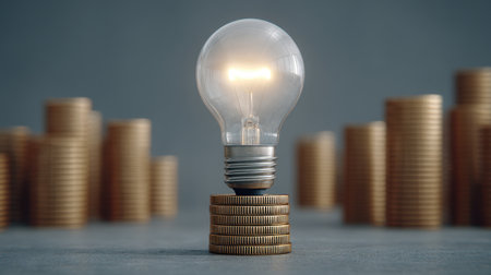 A light bulb placed atop stacks of coins symbolizes innovative ideas and financial growth. This image represents the intersection of creativity and economic success in business.の素材