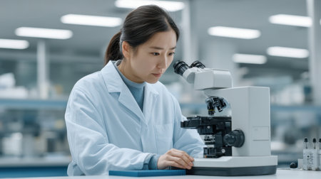 A dedicated female scientist examines samples through a microscope in a state-of-the-art laboratory, highlighting the importance of research in biological sciences for innovation.の素材