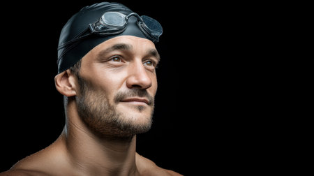 Captivating portrait of a confident male swimmer wearing a swim cap and goggles, exuding determination and focus in a dark background. Perfect for fitness inspiration.の素材