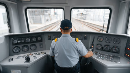 A dedicated train operator is seen from behind in the control cabin, focusing on the dashboard instruments while navigating the railway tracks with precision and skill.の素材