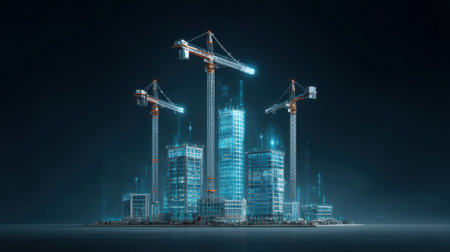 A dynamic urban construction scene showcasing cranes and high-rise buildings at night, illuminated by bright lights and reflecting the promise of modern architectural advancements.の素材