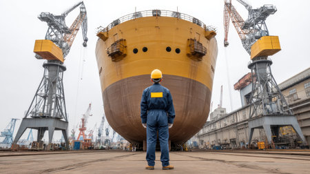 A maritime worker in protective gear inspects a large ship under construction at a shipyard, surrounded by cranes and a cloudy sky, showcasing industrial labor and craftsmanship.の素材