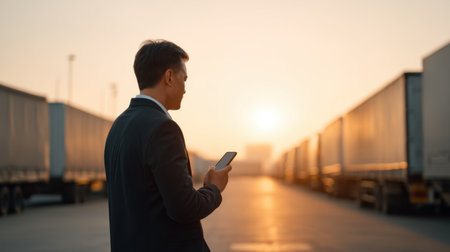 A businessman stands in a trucking yard, using a smartphone during sunset. This image embodies professionalism, modern logistics, and connectivity in a beautiful outdoor setting.の素材