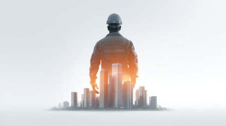 A silhouette of a worker stands before a modern city skyline, symbolizing hope and ambition in construction, urban development, and professional growth.の素材