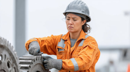 A female worker in an orange jumpsuit inspects large gear machinery at a construction site. Her focused expression showcases her skill and commitment to the job.の素材
