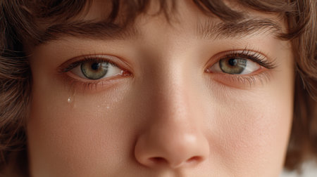 A striking closeup of a young woman with curly hair, revealing a single tear on her cheek. This image powerfully captures her raw emotions and vulnerability.の素材