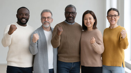 This image captures a diverse group of five people celebrating together in a bright indoor environment. Their cheerful expressions and enthusiastic gestures convey joy and success.の素材