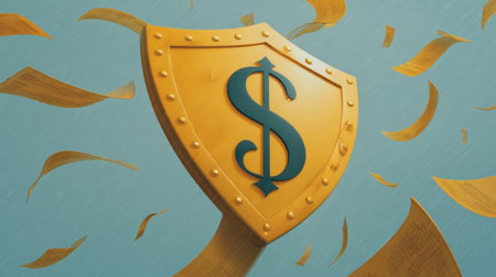 This image features a golden shield adorned with a dollar sign, symbolizing the importance of financial security and investment protection in volatile markets.の素材