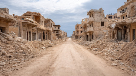 This image captures a haunting and desolate urban landscape featuring crumbling buildings and debris, illustrating the aftermath of conflict under a somber sky.の素材