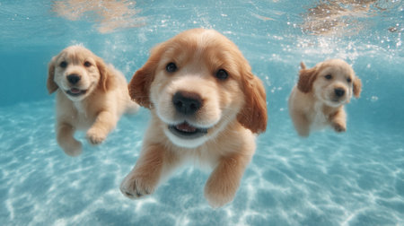 Three happy golden retriever puppies swim playfully in clear blue water, capturing a heartwarming moment filled with joy and energy in this delightful aquatic scene.の素材