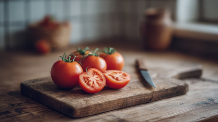 Bright red tomatoes sit on a rustic wooden cutting board, showcasing freshly sliced pieces beside a knife, evoking a warm and inviting kitchen atmosphere.の素材