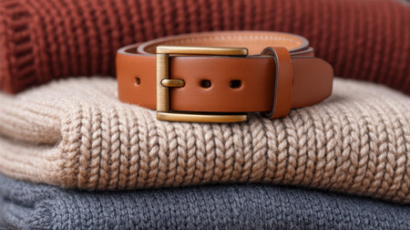 A stylish leather belt lays atop neatly folded sweaters in warm earthy tones. This image captures cozy fashion essentials perfect for autumn and winter outfits.の素材