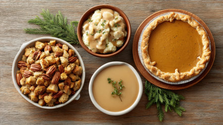 Celebrate the joy of Thanksgiving with a classic feast showcasing savory stuffing, creamy mashed potatoes, rich gravy, and delightful pumpkin pie on a rustic table.の素材