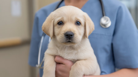 A charming yellow Labrador puppy held by a veterinarian showcases the bond between animals and professionals in the healthcare industry, embodying love and care.の素材