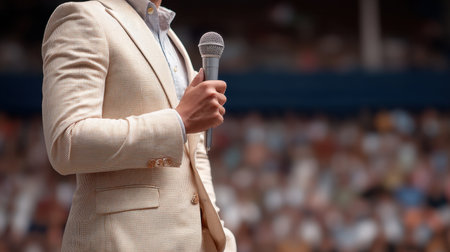 A confident speaker in a stylish beige suit holds a microphone while addressing a large audience at a notable event, showcasing the essence of engaging public speaking.の素材