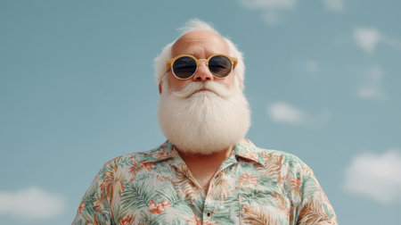 A cheerful senior man with a white beard and sunglasses stands confidently against a bright blue sky. His colorful tropical shirt adds a sense of fun and relaxation.の素材